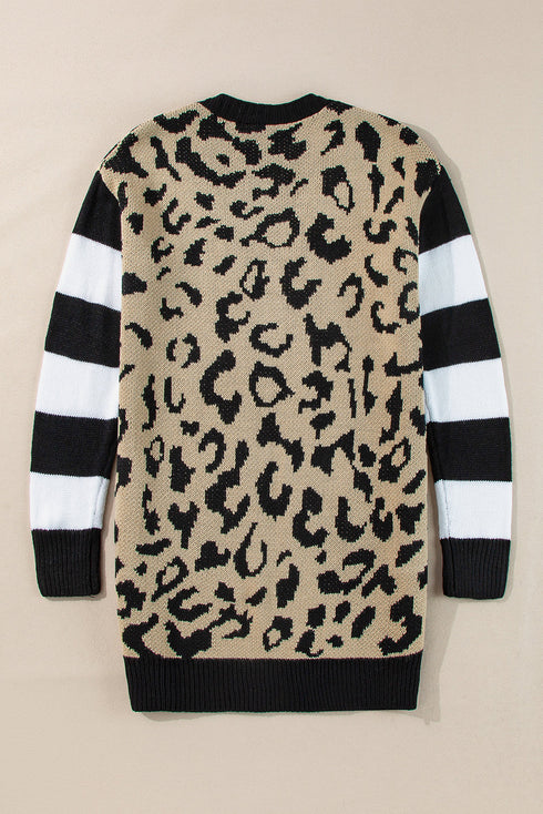 Stripe Sleeve Leopard Print Open Front Cardigan With Pockets